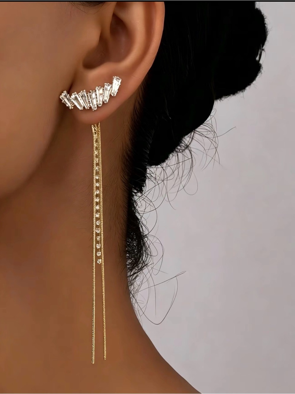 Gold Chain Drop Ear Climbers with Crystal Baguettes